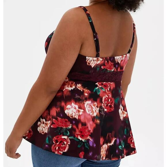 Torrid Scuba Knit and Lace Peplum Top V Neck Burgundy Purple Floral 1X Tank Top - Picture 9 of 9